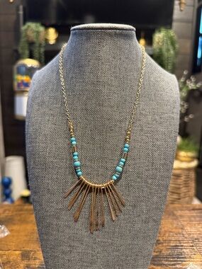 paparazzi Turquoise Bead & Gold Spike Fringe Necklace